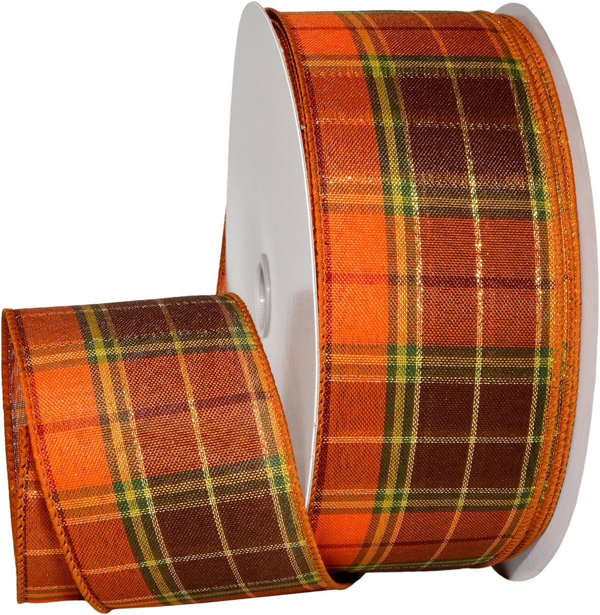 Fall Harvest Plaid Wired Ribbons, Fall Home Décor, Orange and Brown, Golden Metallic, 2-1/2" X 50 Yd