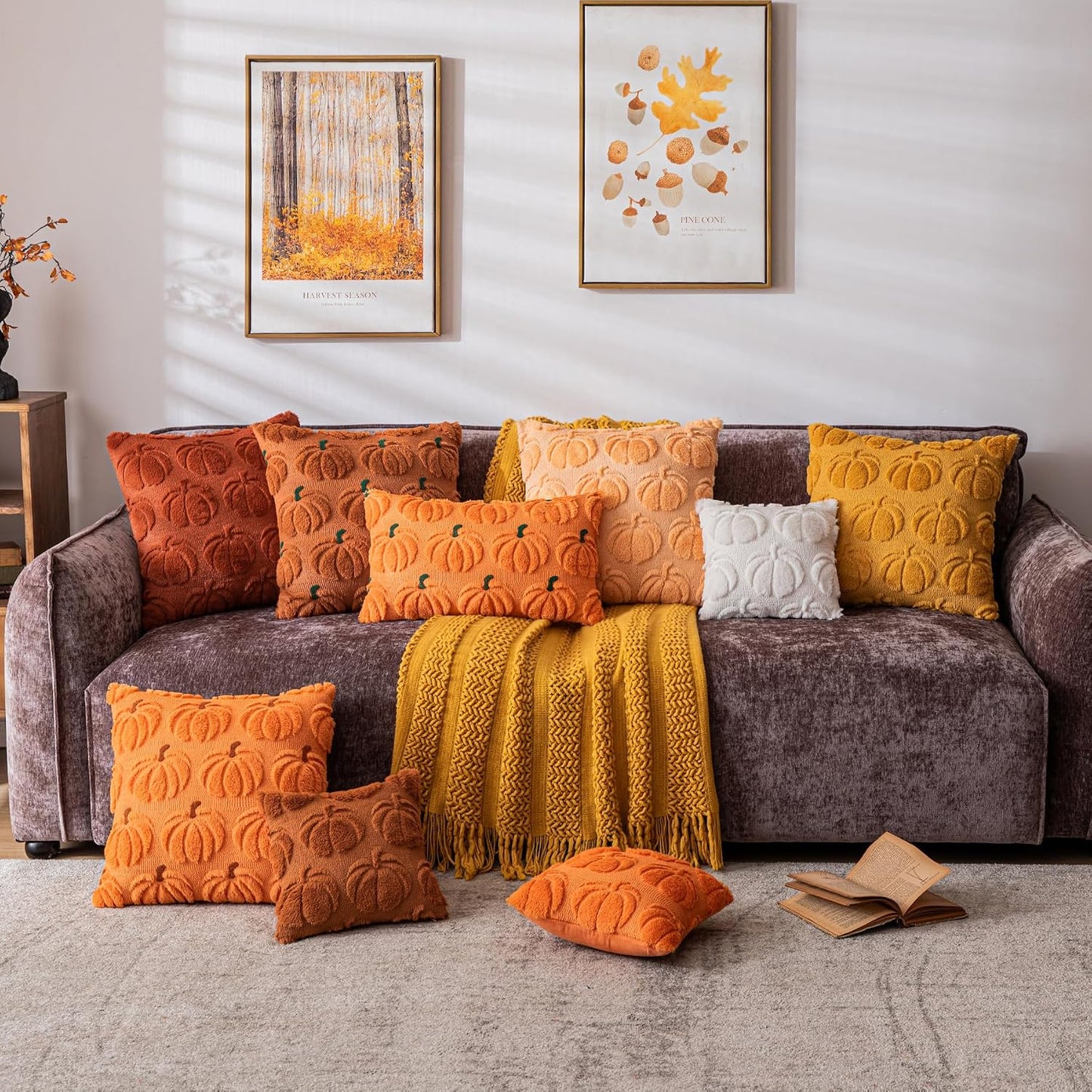 Pumpkin Fall Decorative Throw Pillow Covers 18"X18", Set of 2 Rust Green Soft Faux Fur Pillow Covers for Autumn Harvest, Fluffy Plush Accent Pillow Cases for Farmhouse Halloween Decor
