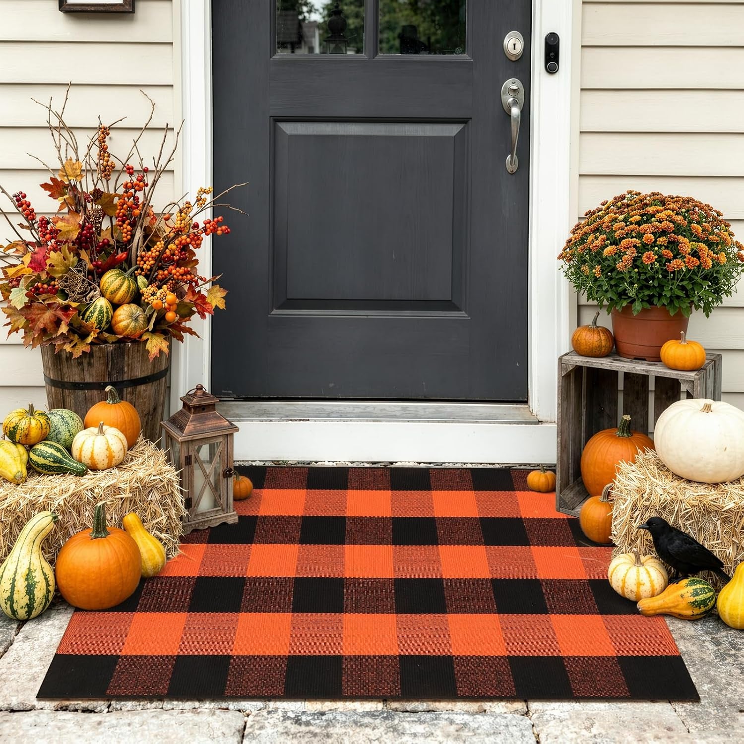 Halloween Buffalo Plaid Outdoor Rug, Fall Decor Front Porch Rug