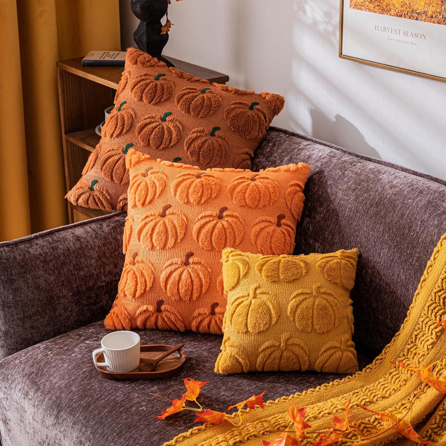 Pumpkin Fall Decorative Throw Pillow Covers 18"X18", Set of 2 Rust Green Soft Faux Fur Pillow Covers for Autumn Harvest, Fluffy Plush Accent Pillow Cases for Farmhouse Halloween Decor