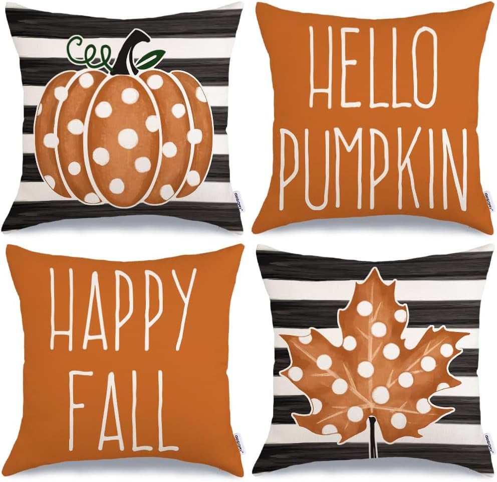 Fall Decor Pillow Covers 16X16 Set of 4 Polka Dots Pumpkin Maple Leaf Happy Fall Outdoor Stripes Decorative Throw Pillows Farmhouse Orange Thanksgiving Cushion Case for Couch Sofa