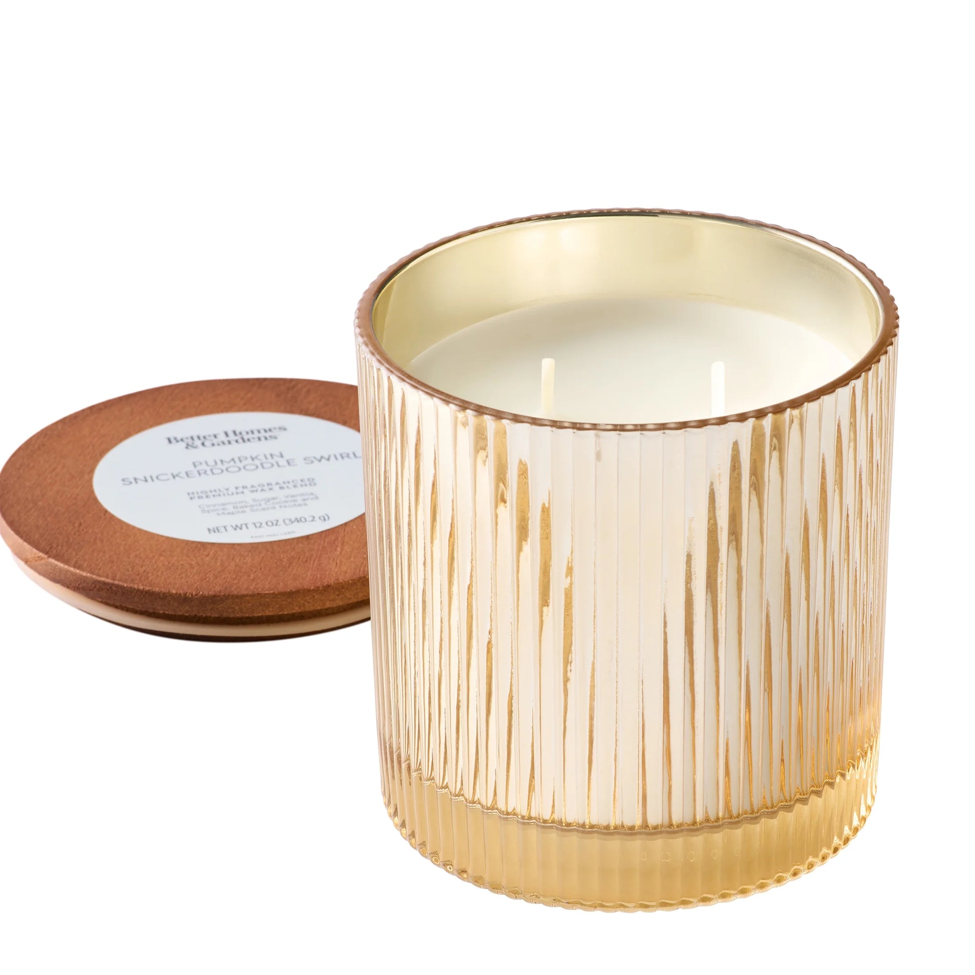 Pumpkin Snickerdoodle Swirl Scented 2-Wick Ribbed Mercury Glass Jar Candle with Wooden Lid, 12 Oz