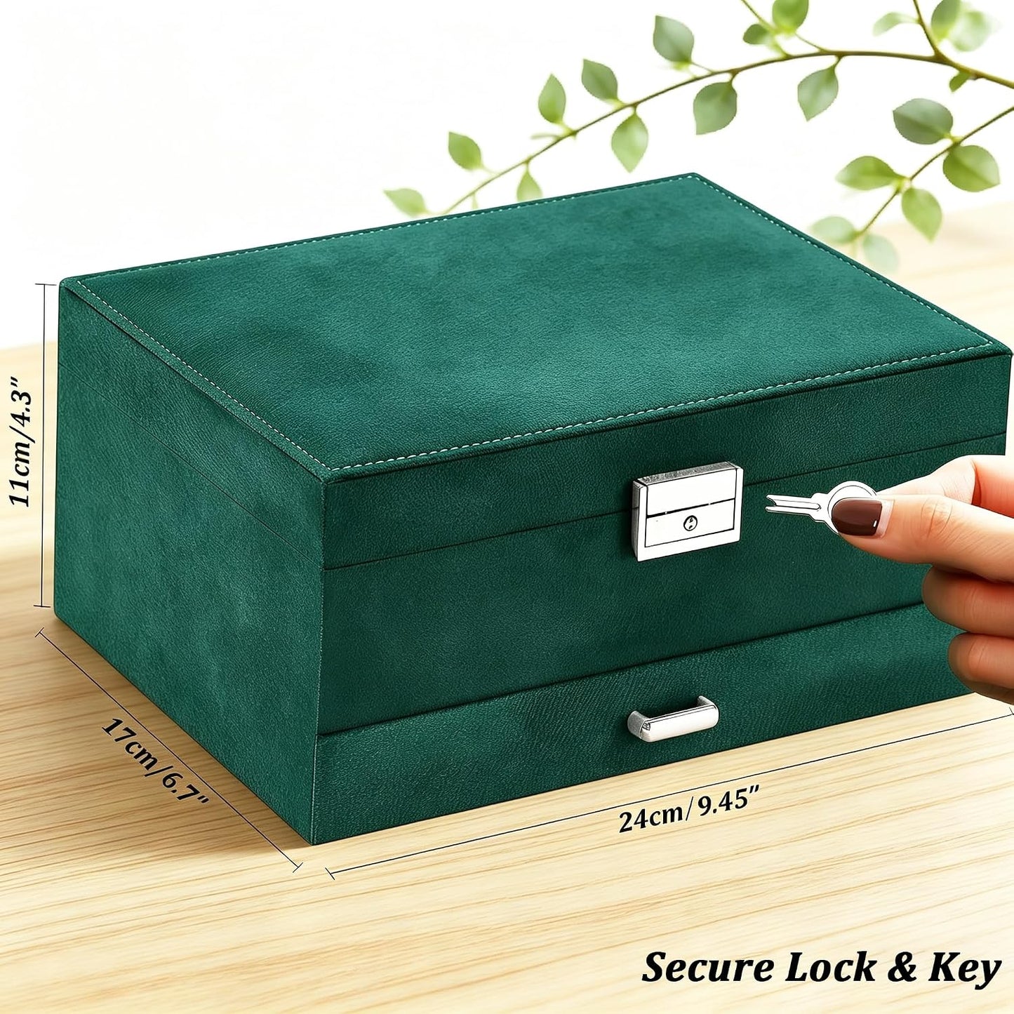 Jewelry Box for Women with Lock & Key & Drawer, 3-Layer Large Jewelry Organizer with 8 Necklace Hooks & 56 Earring Holes, Green Velvet Jewelry Storage Case for Necklace Earring Ring Bracelet