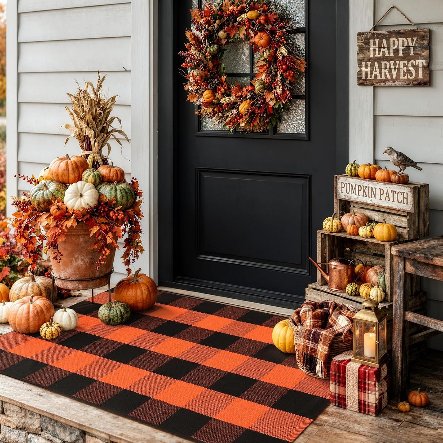 Halloween Buffalo Plaid Outdoor Rug, Fall Decor Front Porch Rug