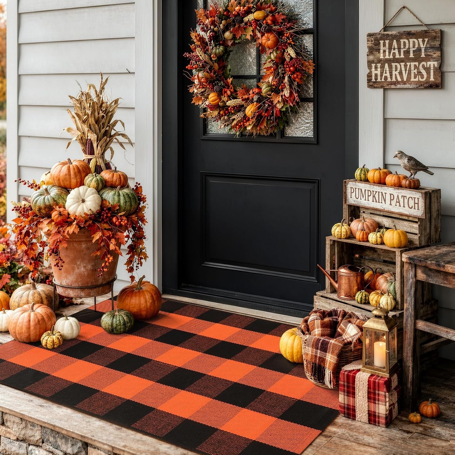 Halloween Buffalo Plaid Outdoor Rug, Fall Decor Front Porch Rug