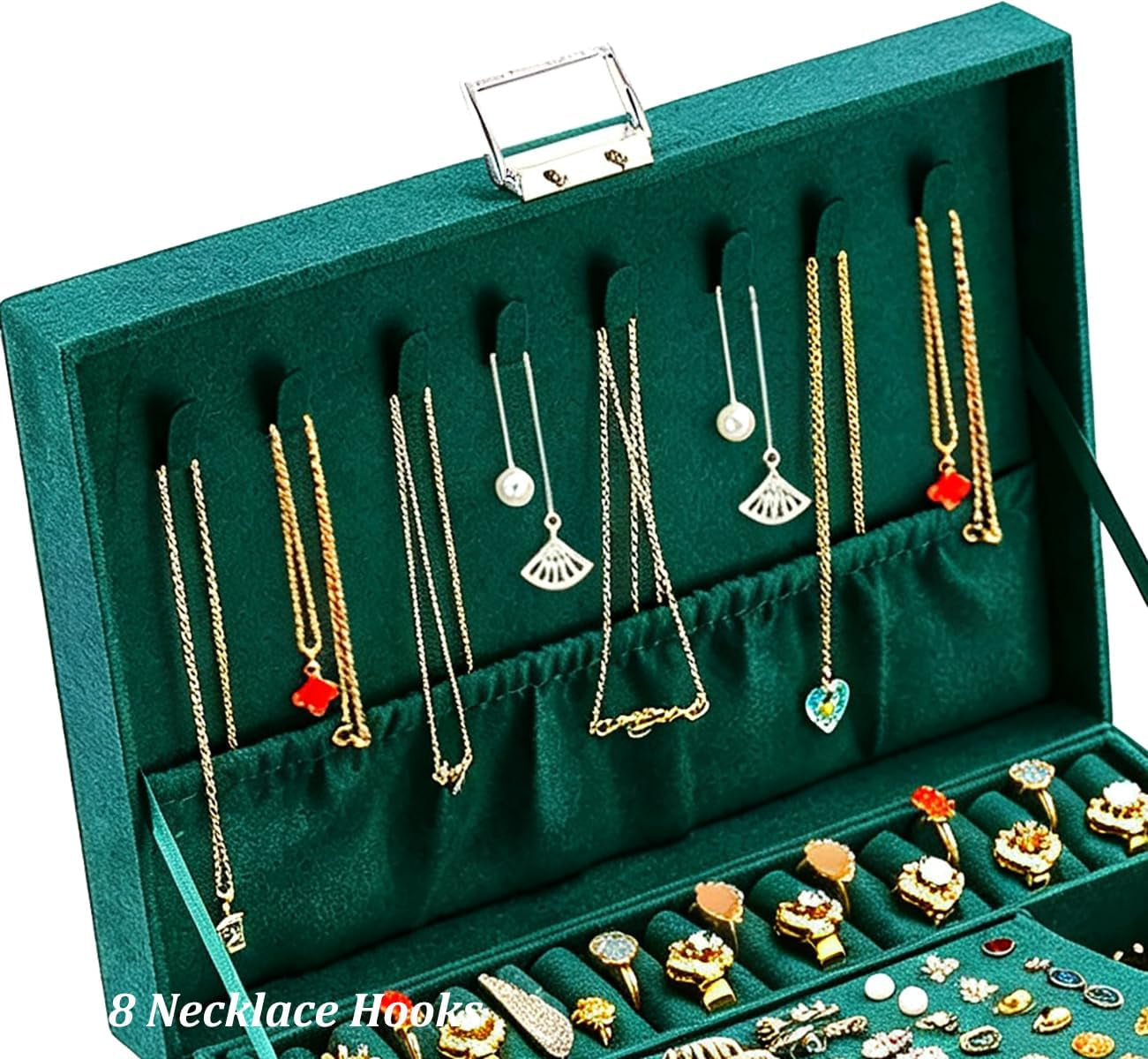 Jewelry Box for Women with Lock & Key & Drawer, 3-Layer Large Jewelry Organizer with 8 Necklace Hooks & 56 Earring Holes, Green Velvet Jewelry Storage Case for Necklace Earring Ring Bracelet