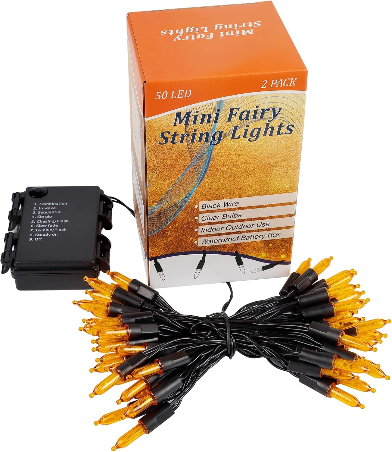 Halloween Lights, 50-Count Black Wire Light Set, Battery Operated Halloween Mini String Light with 8 Modes, 16 Ft Fairy Lights for Halloween Tree Garden Wreath Decorations (2 Pack, Orange)