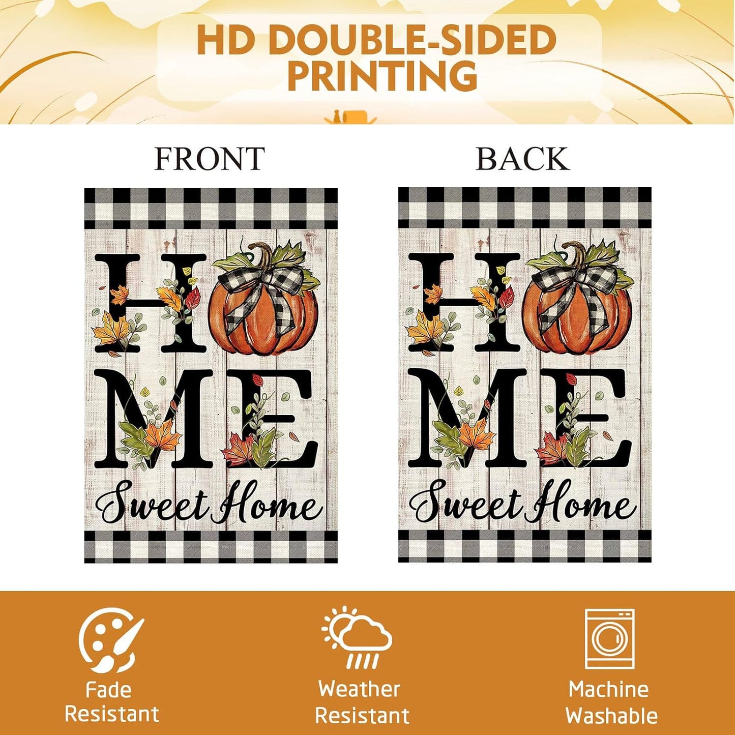 Fall Pumpkin Garden Flag 12.5X18 Inch Double Sided Fall Autumn Thanksgiving Day Home Sweet Home Small Garden Flag Burlap Flag for Yard Lawn Patio Outdoor outside Decor