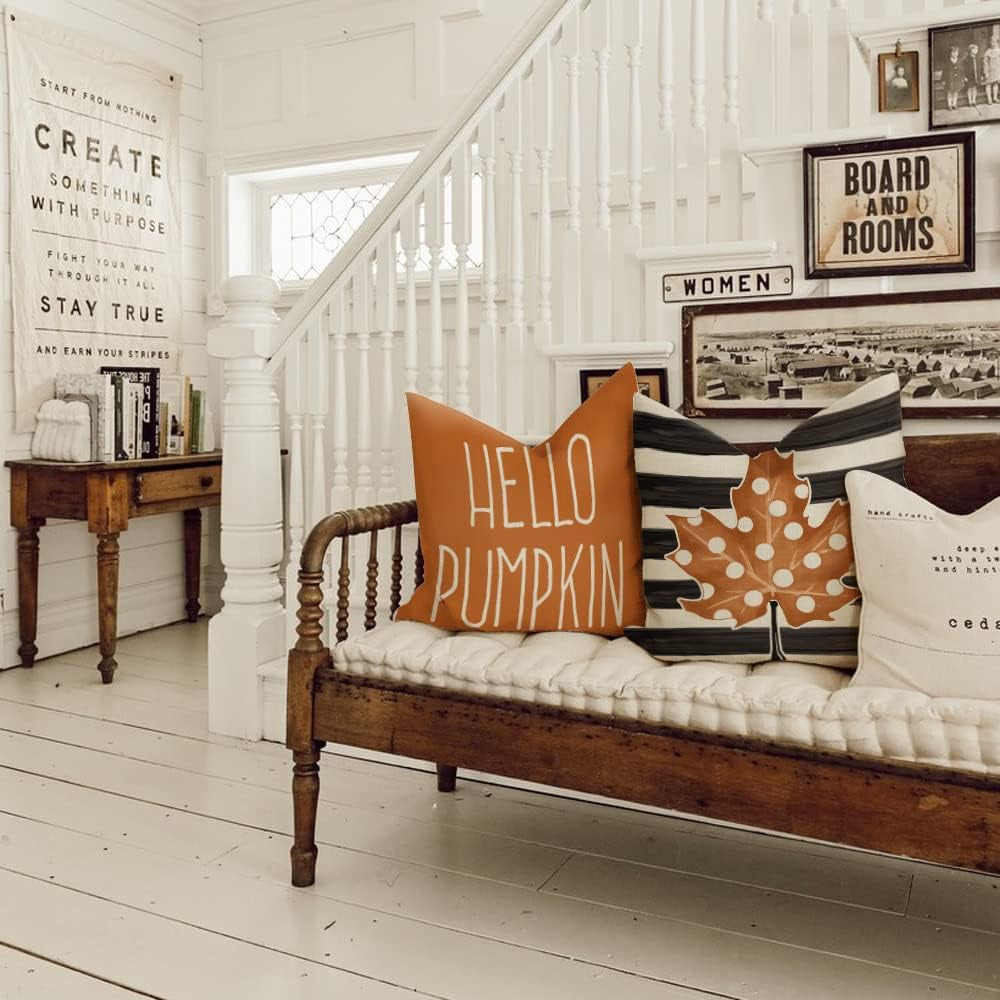 Fall Decor Pillow Covers 16X16 Set of 4 Polka Dots Pumpkin Maple Leaf Happy Fall Outdoor Stripes Decorative Throw Pillows Farmhouse Orange Thanksgiving Cushion Case for Couch Sofa