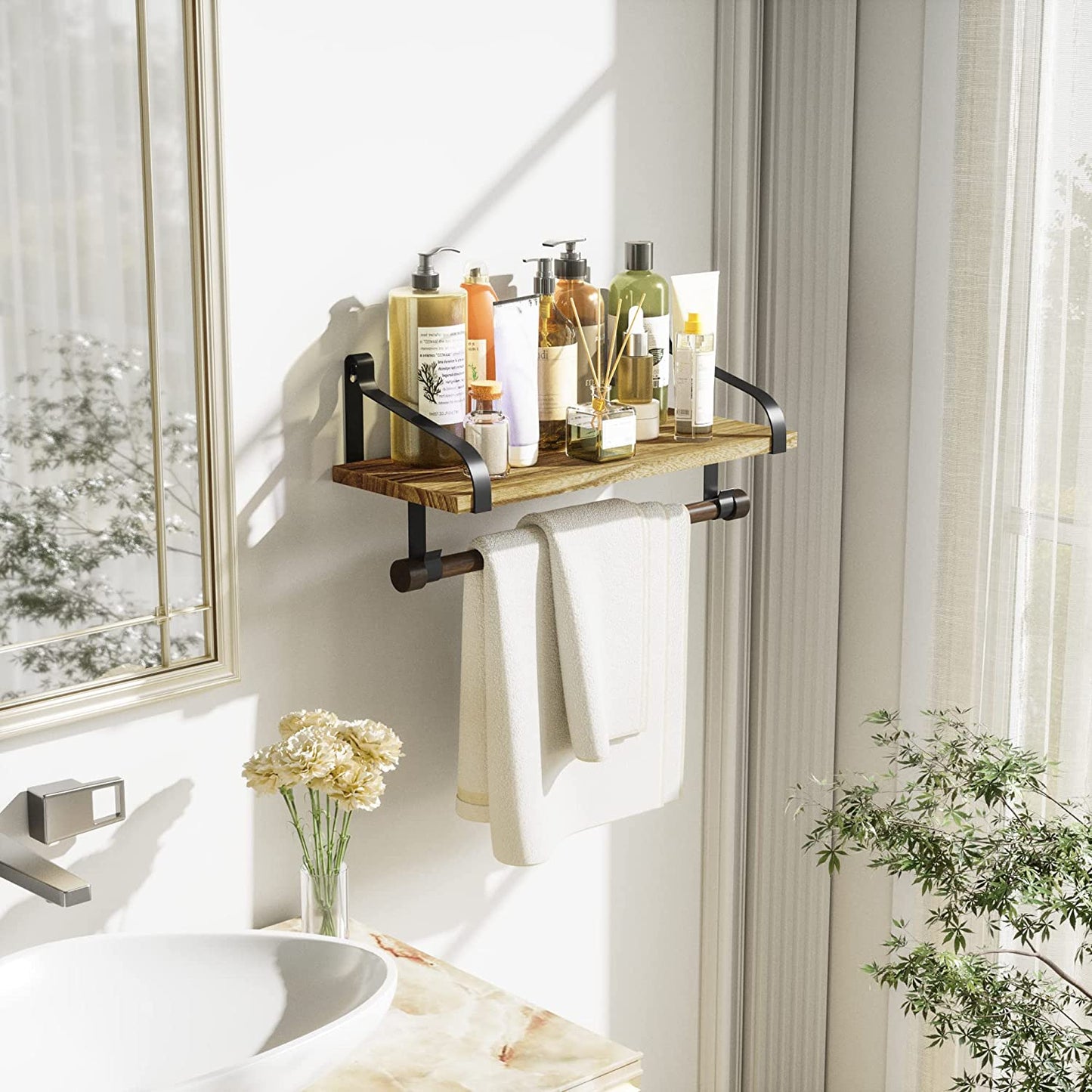 17.3"Floating Wall Shelf Solid Wood,Coffee Bar Carbonized Black