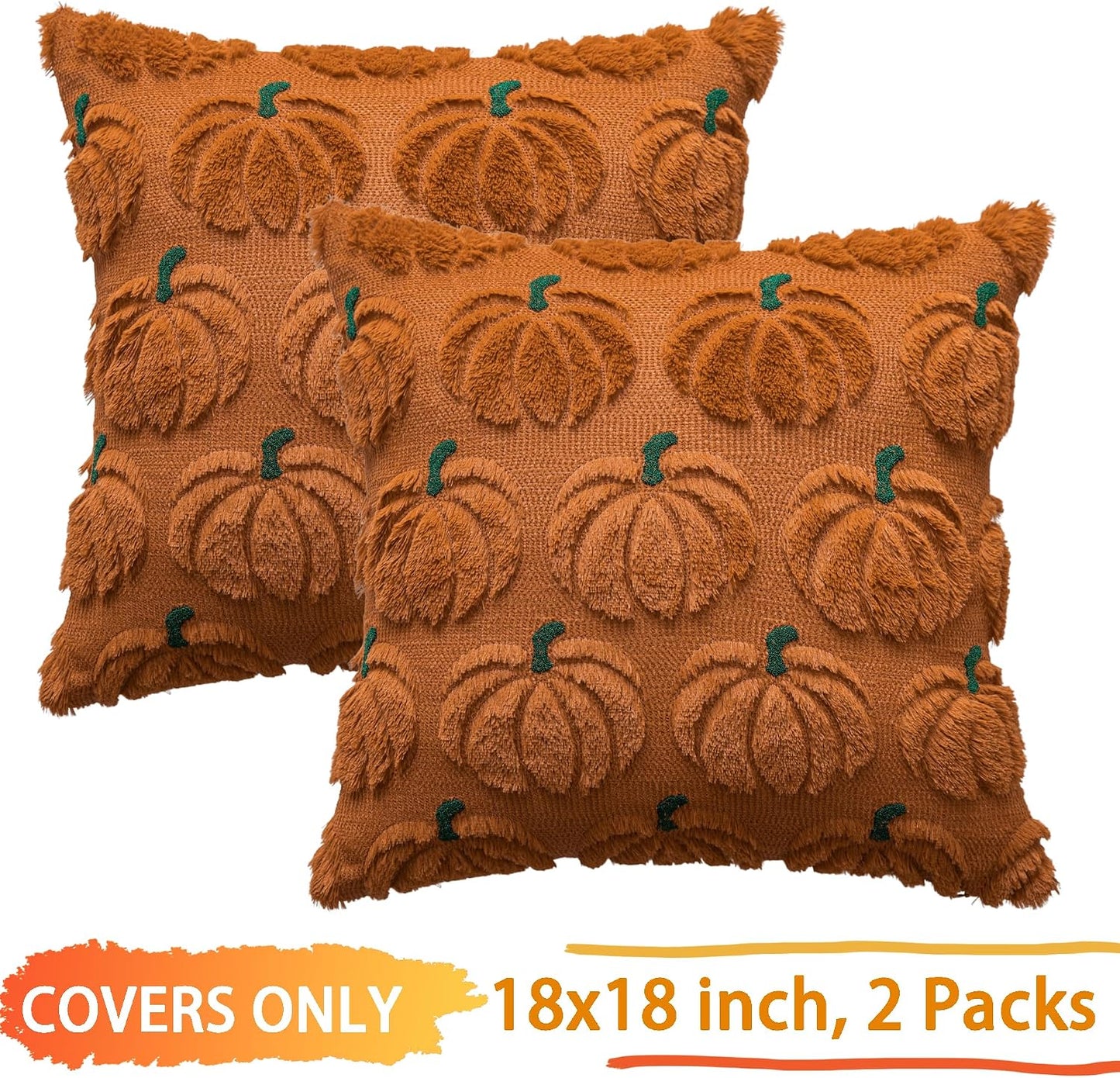 Pumpkin Fall Decorative Throw Pillow Covers 18"X18", Set of 2 Rust Green Soft Faux Fur Pillow Covers for Autumn Harvest, Fluffy Plush Accent Pillow Cases for Farmhouse Halloween Decor
