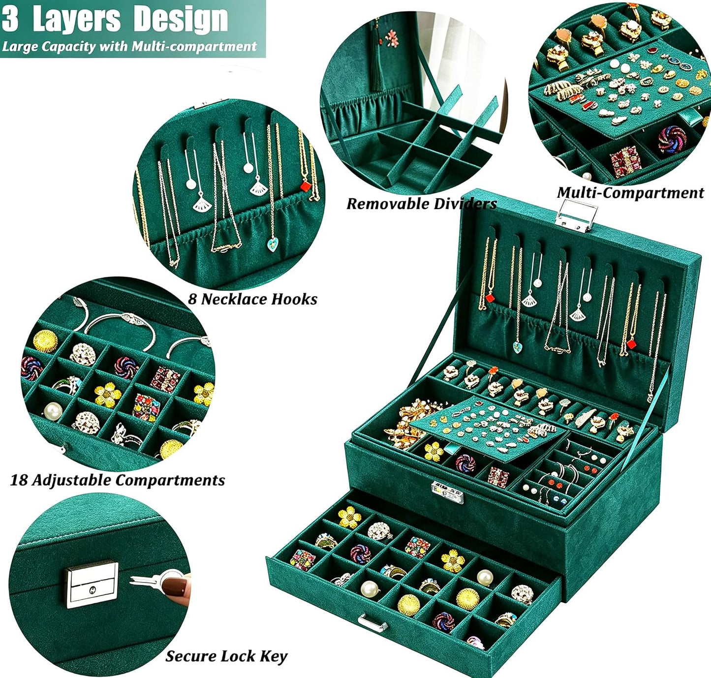 Jewelry Box for Women with Lock & Key & Drawer, 3-Layer Large Jewelry Organizer with 8 Necklace Hooks & 56 Earring Holes, Green Velvet Jewelry Storage Case for Necklace Earring Ring Bracelet