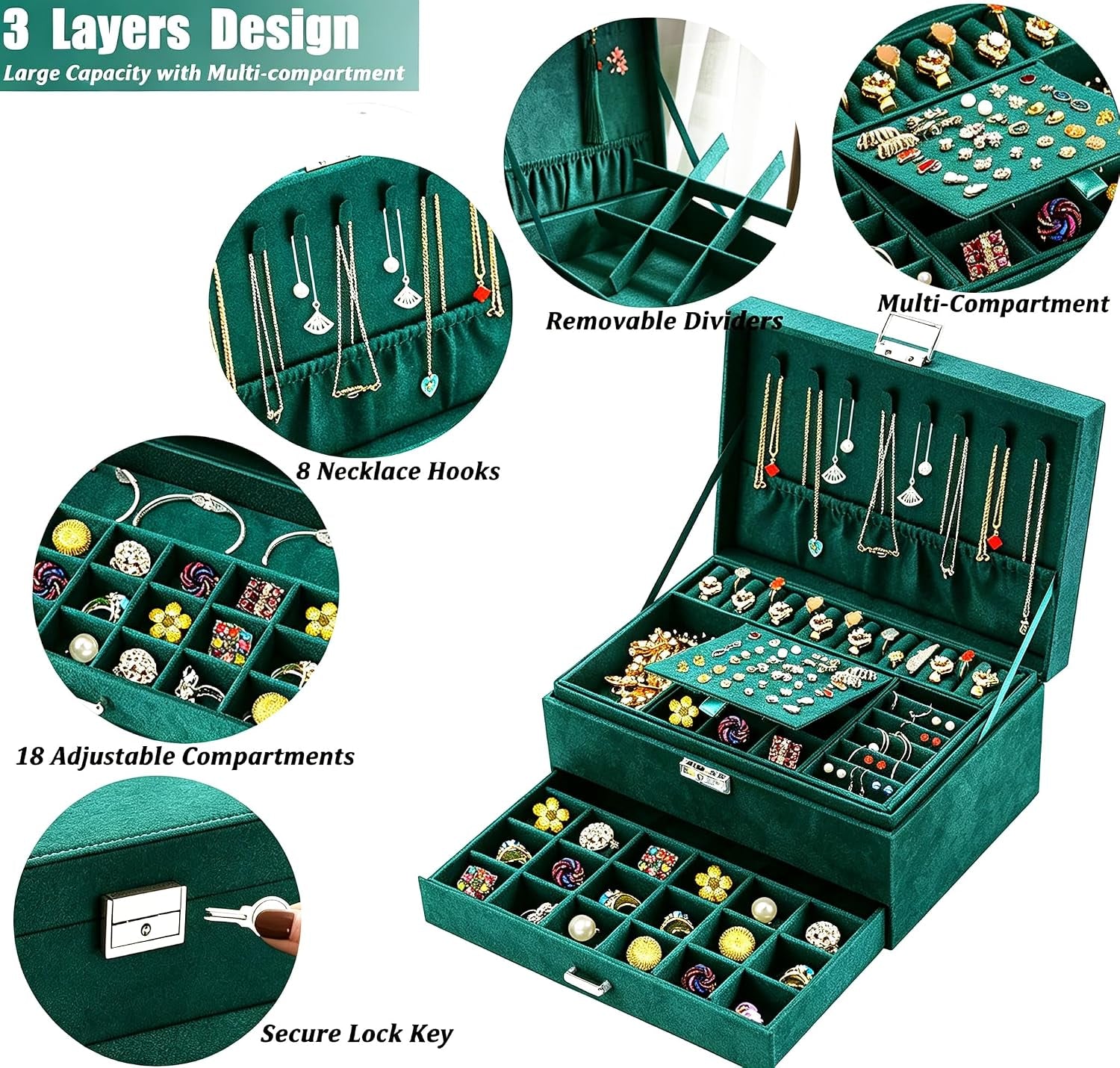 Jewelry Box for Women with Lock & Key & Drawer, 3-Layer Large Jewelry Organizer with 8 Necklace Hooks & 56 Earring Holes, Green Velvet Jewelry Storage Case for Necklace Earring Ring Bracelet
