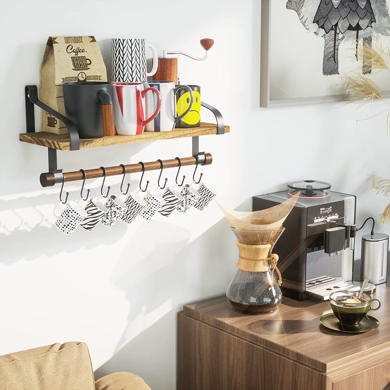 17.3"Floating Wall Shelf Solid Wood,Coffee Bar Carbonized Black