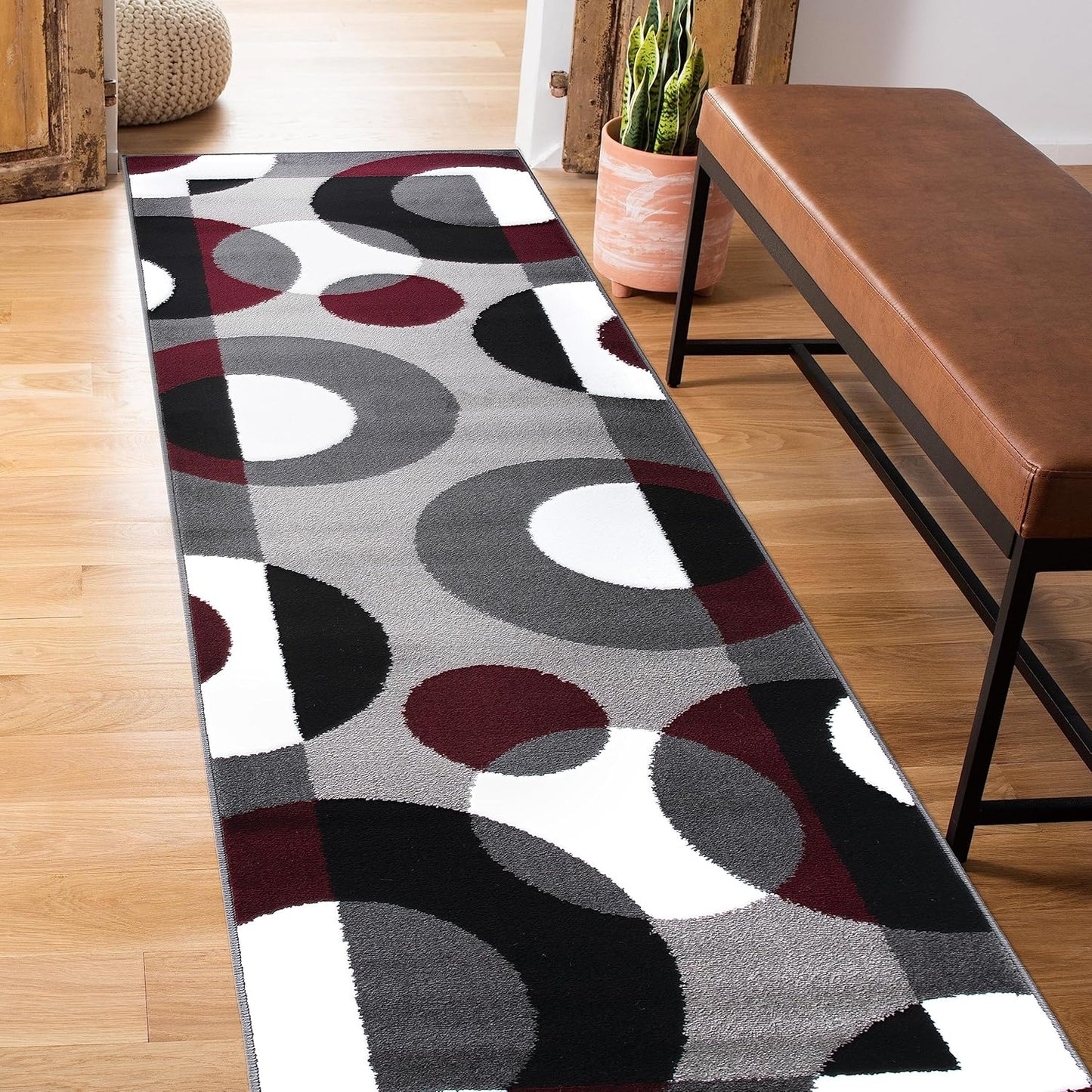 Circles Modern Soft Living Room Runner Rug Burgundy 2' X 7'2"