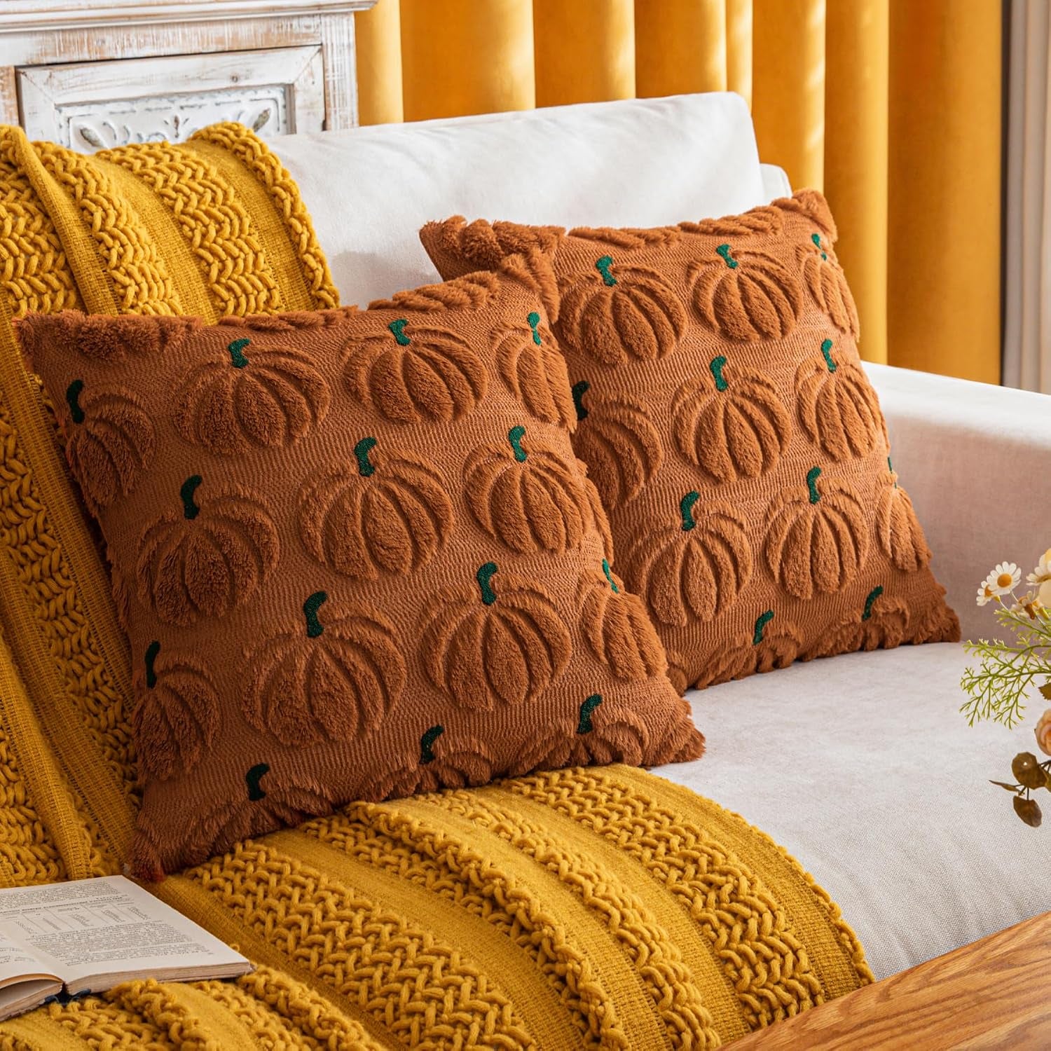 Pumpkin Fall Decorative Throw Pillow Covers 18"X18", Set of 2 Rust Green Soft Faux Fur Pillow Covers for Autumn Harvest, Fluffy Plush Accent Pillow Cases for Farmhouse Halloween Decor