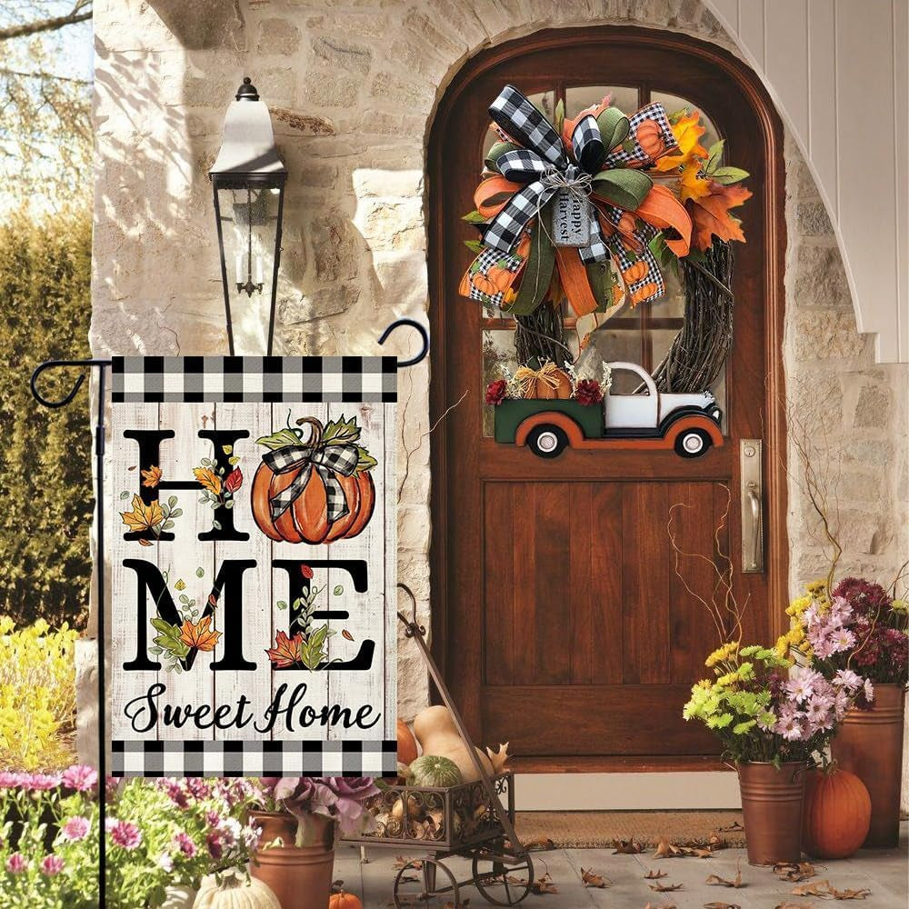 Fall Pumpkin Garden Flag 12.5X18 Inch Double Sided Fall Autumn Thanksgiving Day Home Sweet Home Small Garden Flag Burlap Flag for Yard Lawn Patio Outdoor outside Decor