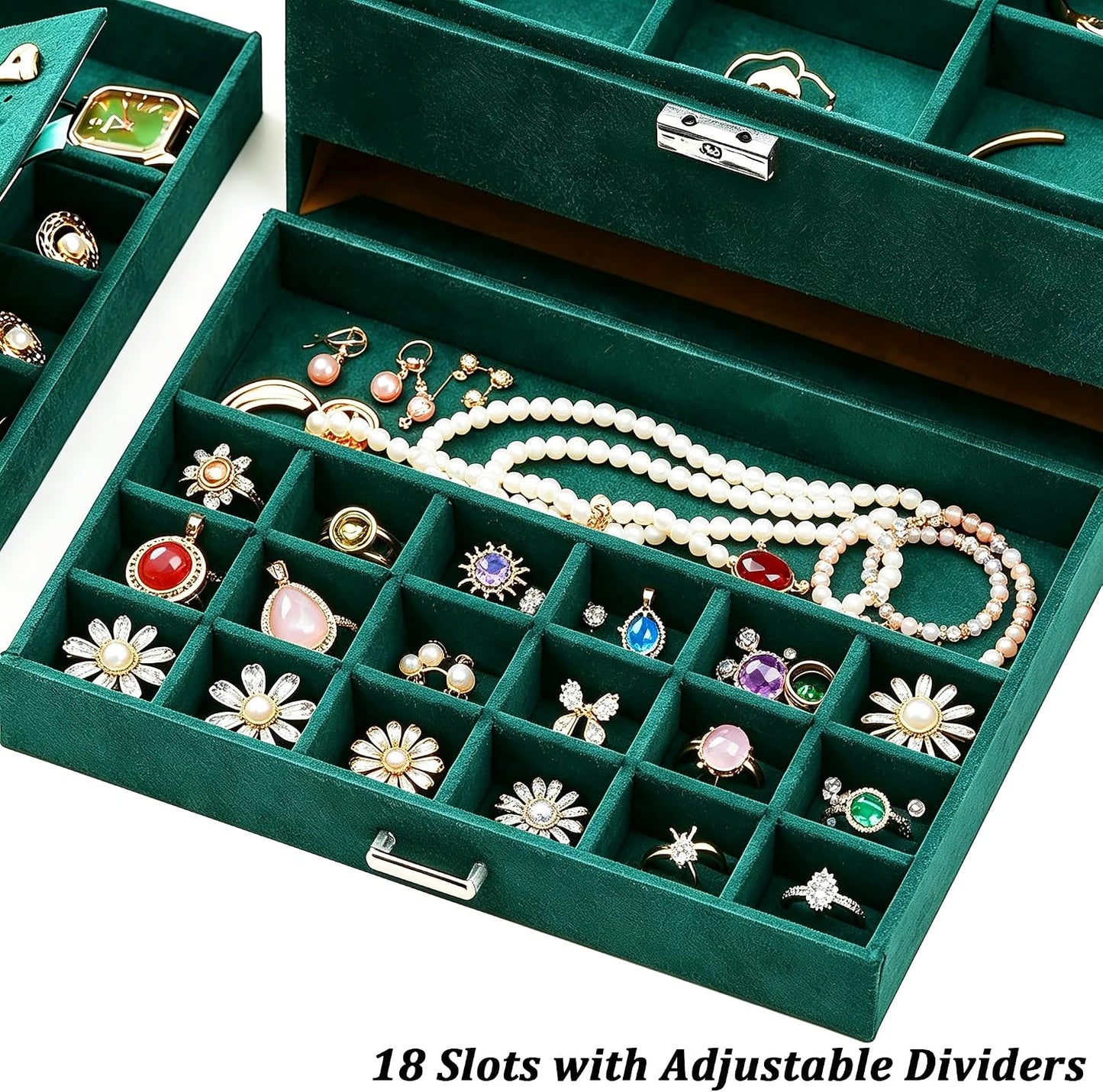 Jewelry Box for Women with Lock & Key & Drawer, 3-Layer Large Jewelry Organizer with 8 Necklace Hooks & 56 Earring Holes, Green Velvet Jewelry Storage Case for Necklace Earring Ring Bracelet