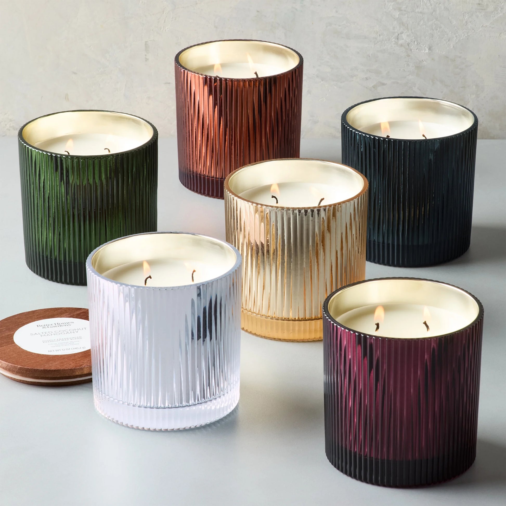 Pumpkin Snickerdoodle Swirl Scented 2-Wick Ribbed Mercury Glass Jar Candle with Wooden Lid, 12 Oz