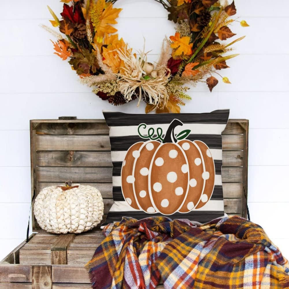 Fall Decor Pillow Covers 16X16 Set of 4 Polka Dots Pumpkin Maple Leaf Happy Fall Outdoor Stripes Decorative Throw Pillows Farmhouse Orange Thanksgiving Cushion Case for Couch Sofa