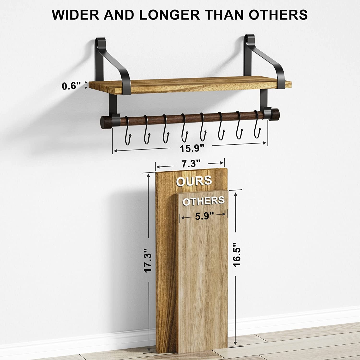 17.3"Floating Wall Shelf Solid Wood,Coffee Bar Carbonized Black
