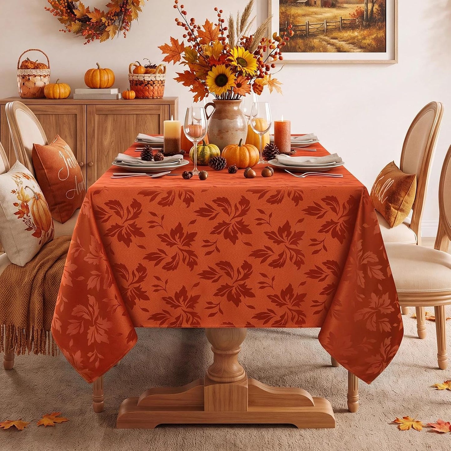 Fall Jacquard Rectangle Tablecloth, Thanksgiving Dining Decor