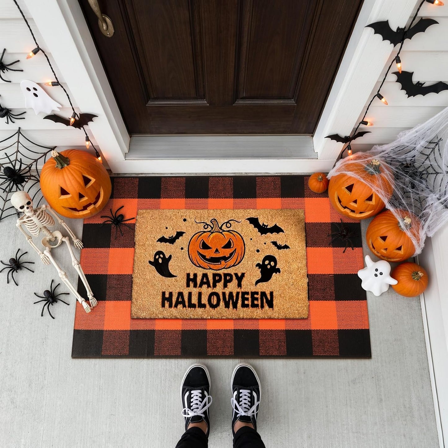 Halloween Buffalo Plaid Outdoor Rug, Fall Decor Front Porch Rug
