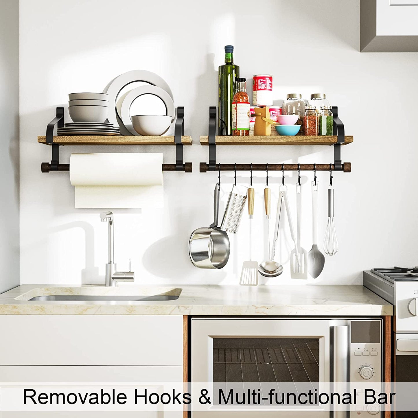 17.3"Floating Wall Shelf Solid Wood,Coffee Bar Carbonized Black