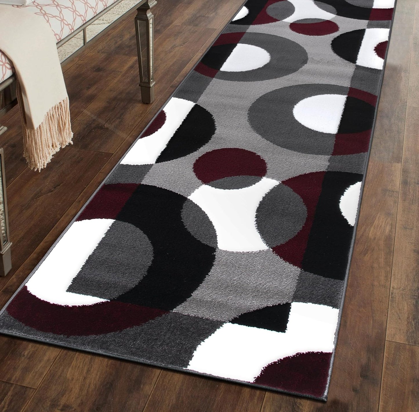 Circles Modern Soft Living Room Runner Rug Burgundy 2' X 7'2"