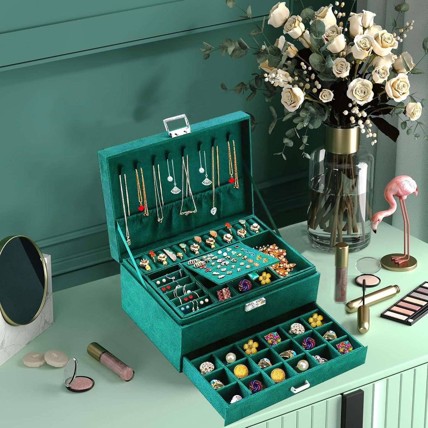 Jewelry Box for Women with Lock & Key & Drawer, 3-Layer Large Jewelry Organizer with 8 Necklace Hooks & 56 Earring Holes, Green Velvet Jewelry Storage Case for Necklace Earring Ring Bracelet