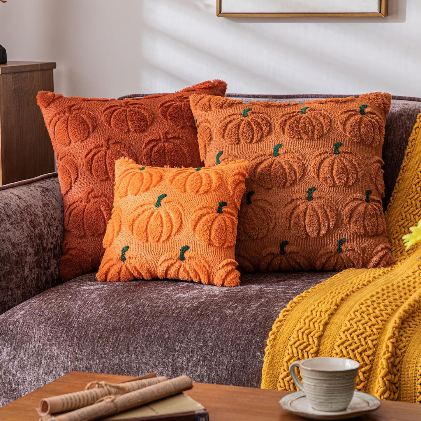 Pumpkin Fall Decorative Throw Pillow Covers 18"X18", Set of 2 Rust Green Soft Faux Fur Pillow Covers for Autumn Harvest, Fluffy Plush Accent Pillow Cases for Farmhouse Halloween Decor