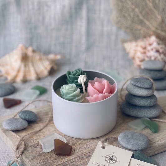 Blush & Teal Rosette Cactus Candle