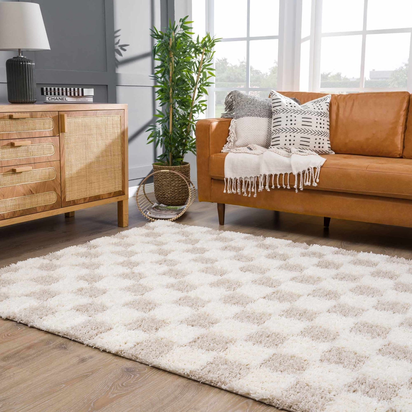 Light Brown Checkered Area Rug