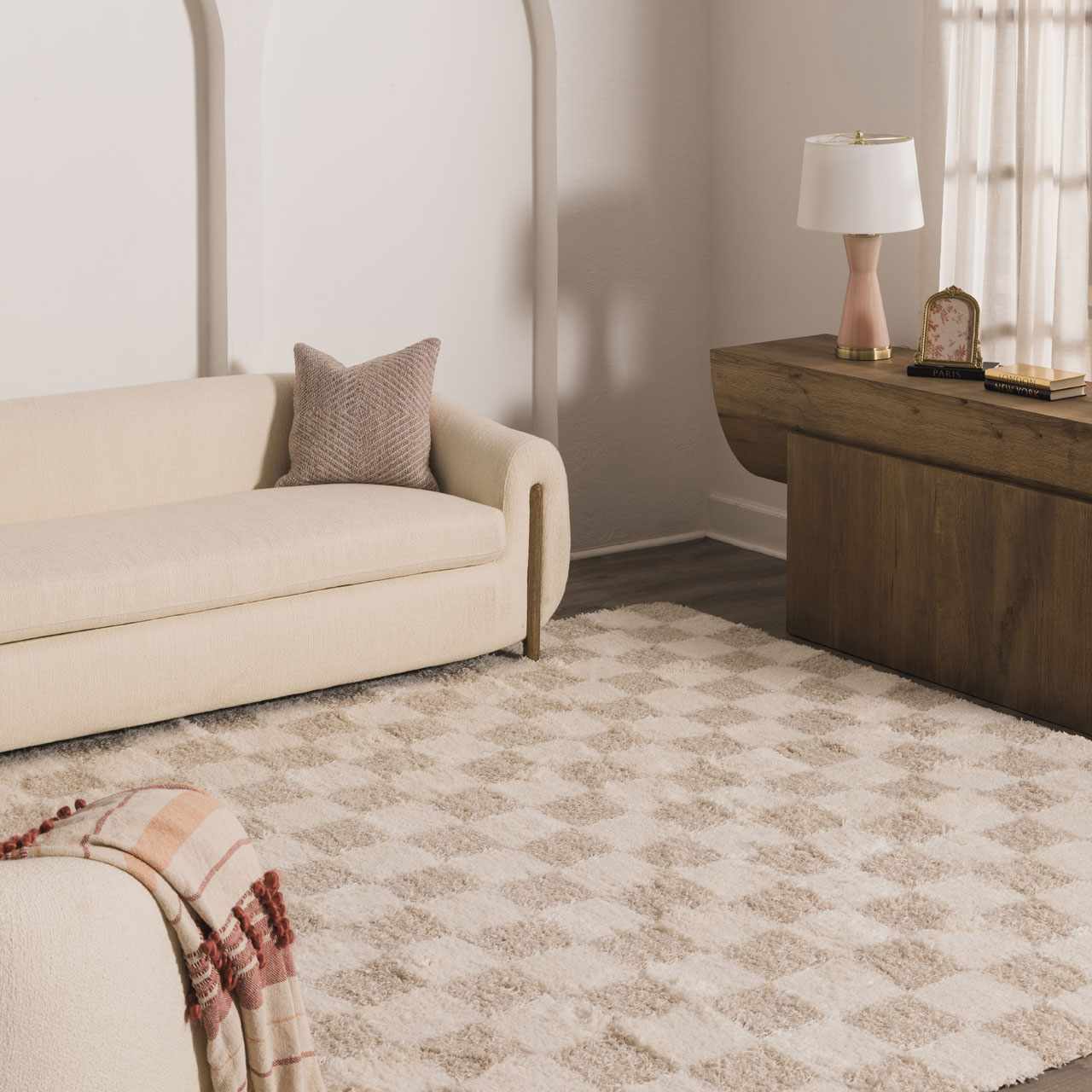 Light Brown Checkered Area Rug