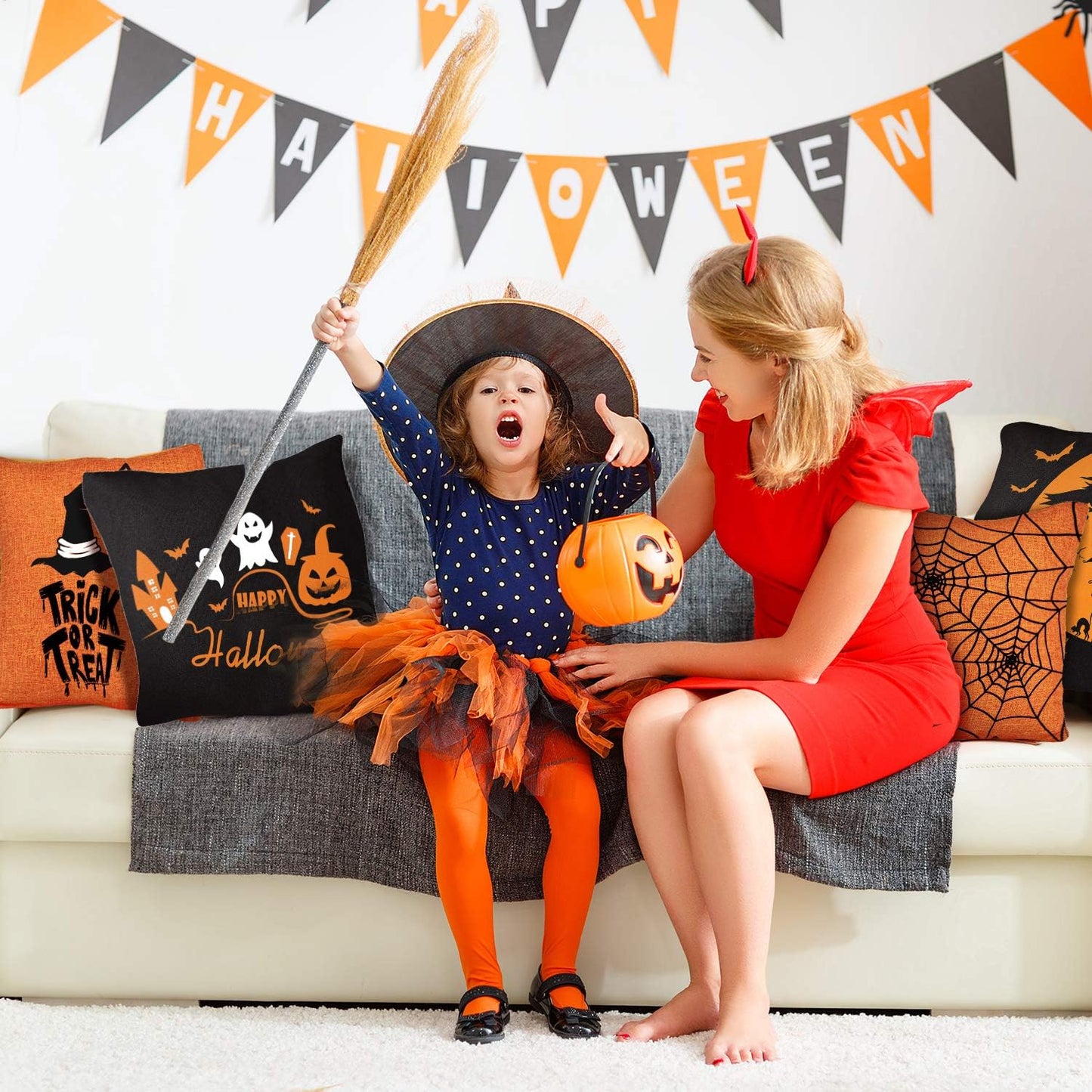 Halloween Pillow Case Large Orange and Black Pillow Cover 20" X 20" Happy Halloween Spider Ghost Pumpkin Linen Sofa Bed Throw Cushion Cover Decoration for Home Office, 4Pcs