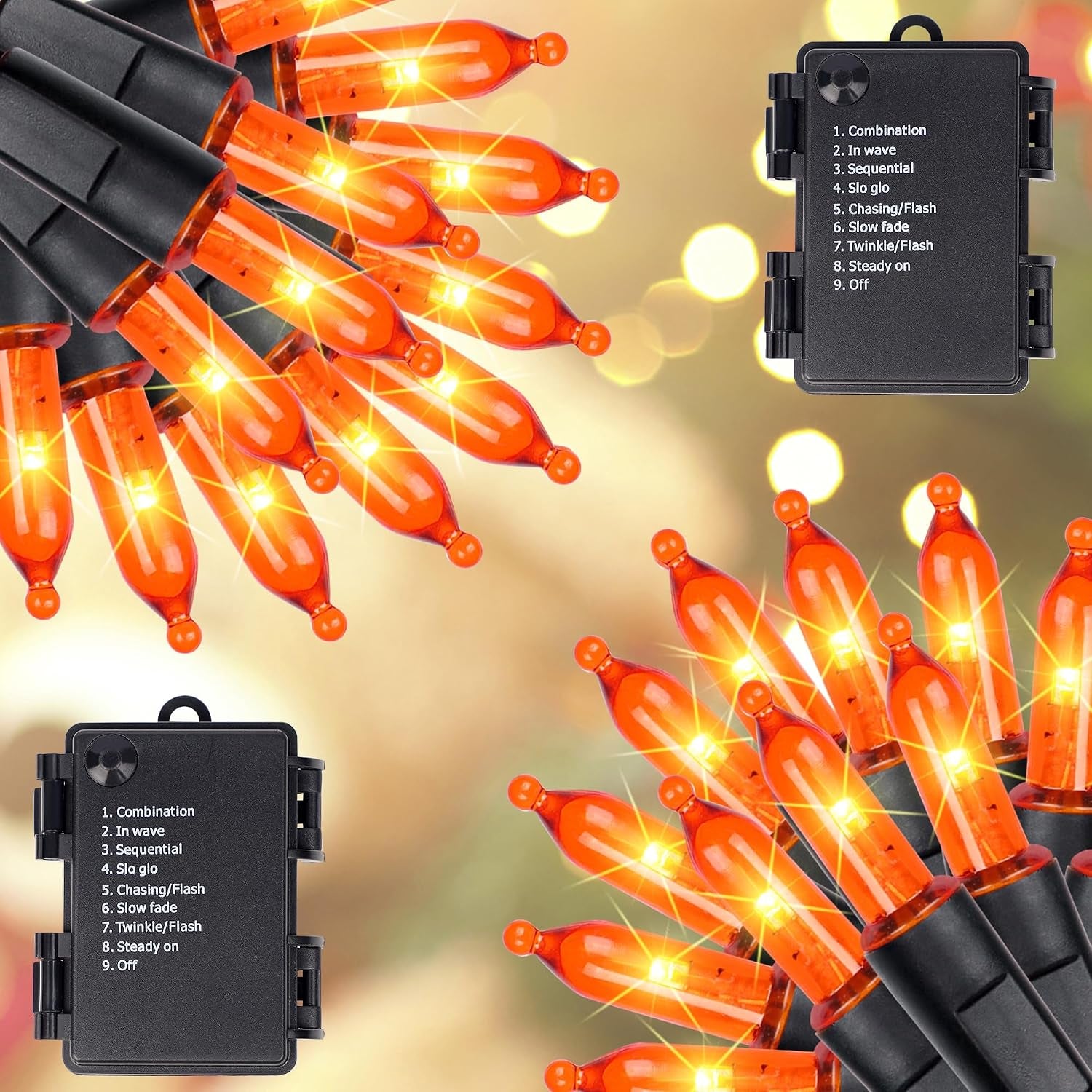 Halloween Lights, 50-Count Black Wire Light Set, Battery Operated Halloween Mini String Light with 8 Modes, 16 Ft Fairy Lights for Halloween Tree Garden Wreath Decorations (2 Pack, Orange)