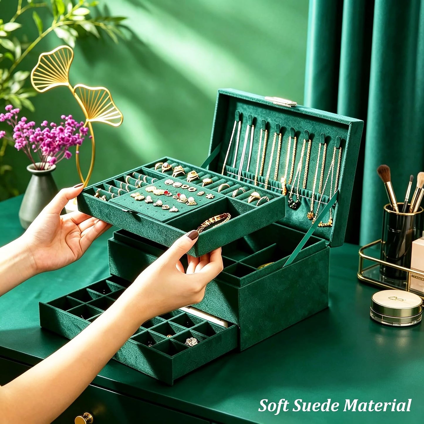 Jewelry Box for Women with Lock & Key & Drawer, 3-Layer Large Jewelry Organizer with 8 Necklace Hooks & 56 Earring Holes, Green Velvet Jewelry Storage Case for Necklace Earring Ring Bracelet