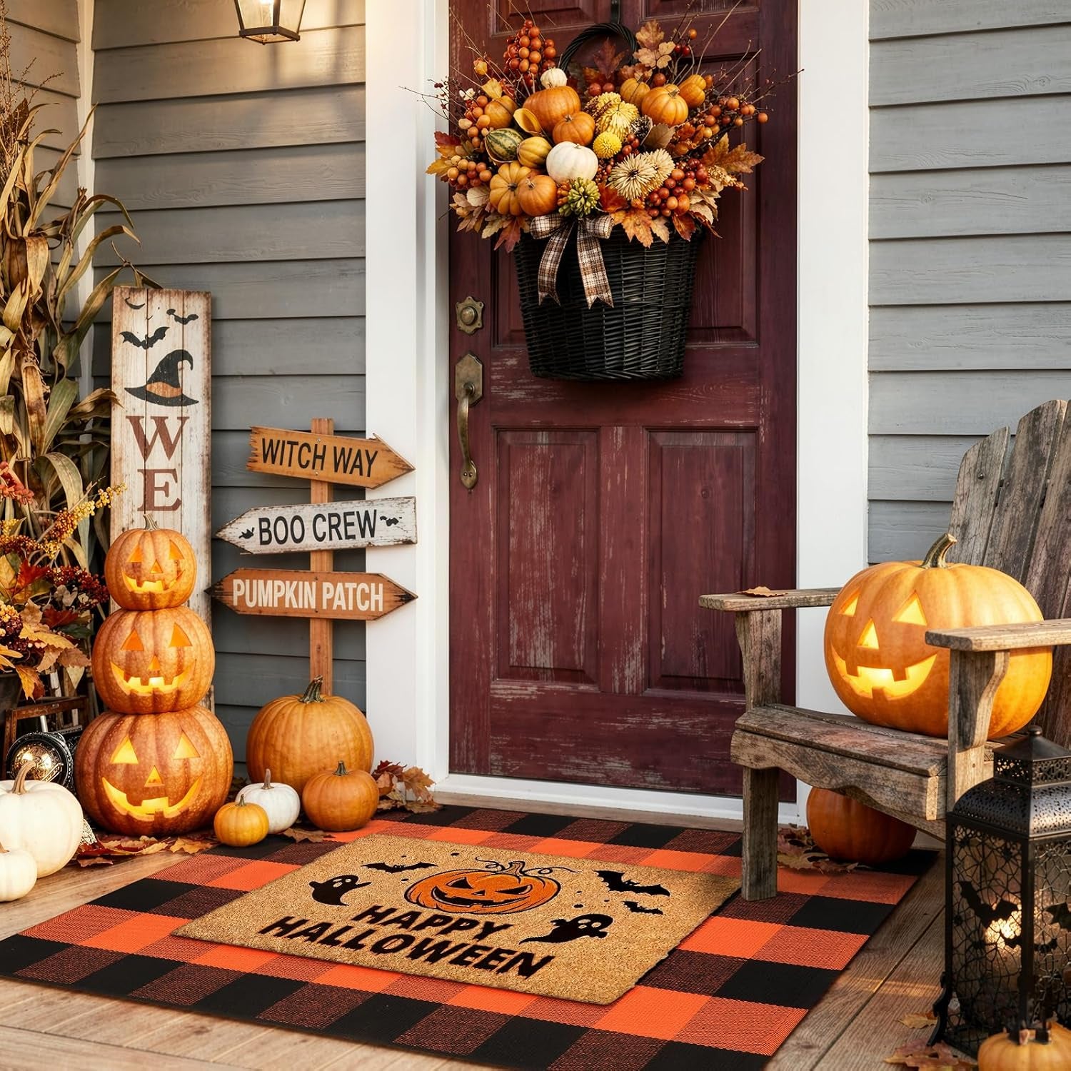 Halloween Buffalo Plaid Outdoor Rug, Fall Decor Front Porch Rug