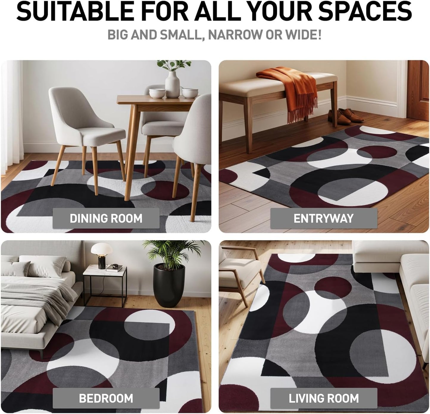 Circles Modern Soft Living Room Runner Rug Burgundy 2' X 7'2"