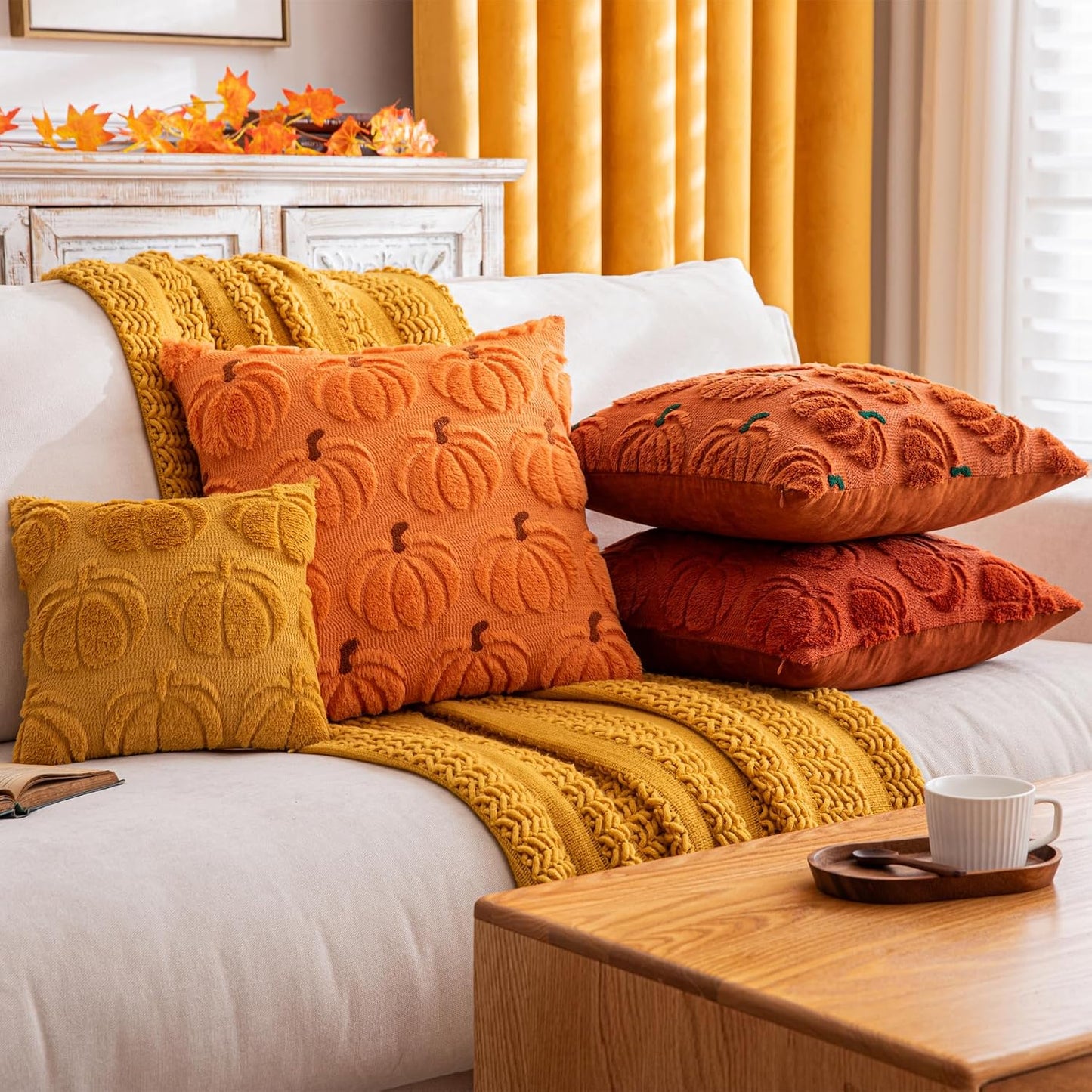 Pumpkin Fall Decorative Throw Pillow Covers 18"X18", Set of 2 Rust Green Soft Faux Fur Pillow Covers for Autumn Harvest, Fluffy Plush Accent Pillow Cases for Farmhouse Halloween Decor