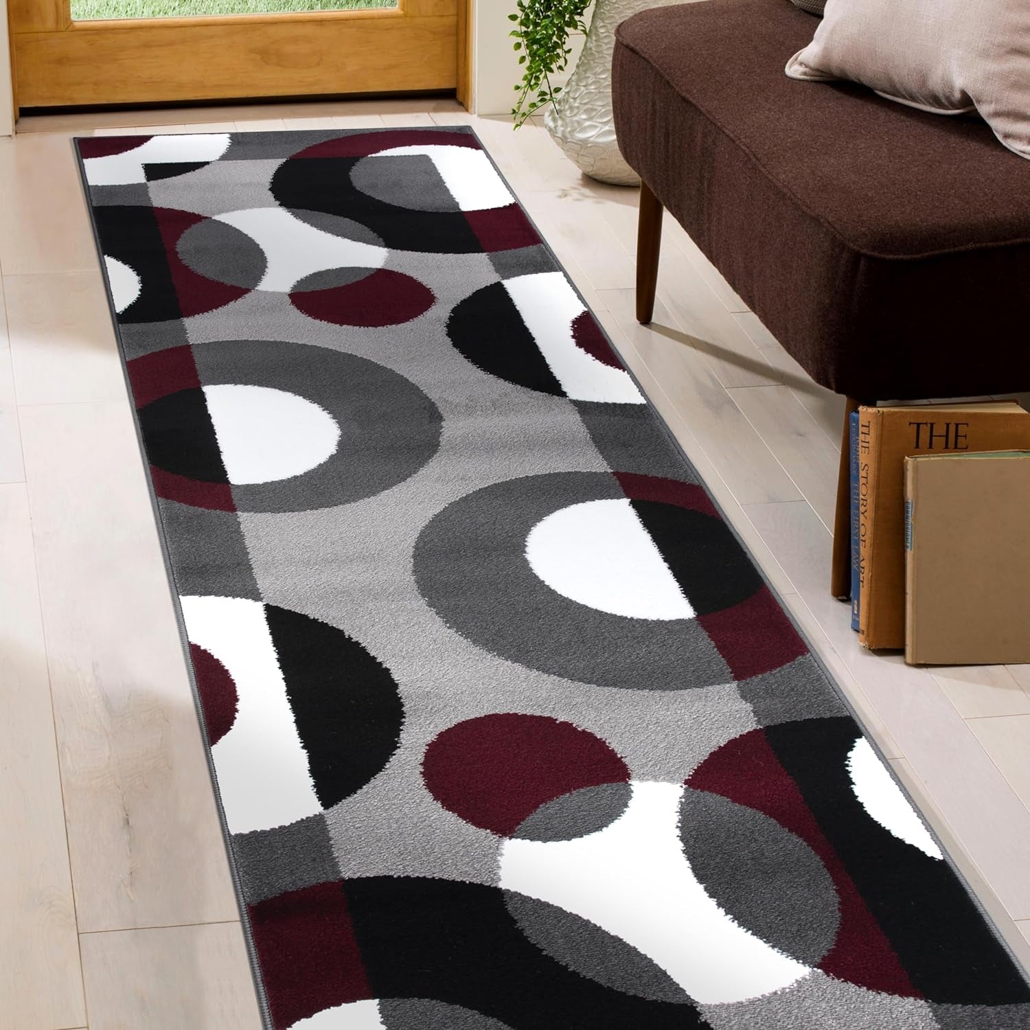 Circles Modern Soft Living Room Runner Rug Burgundy 2' X 7'2"