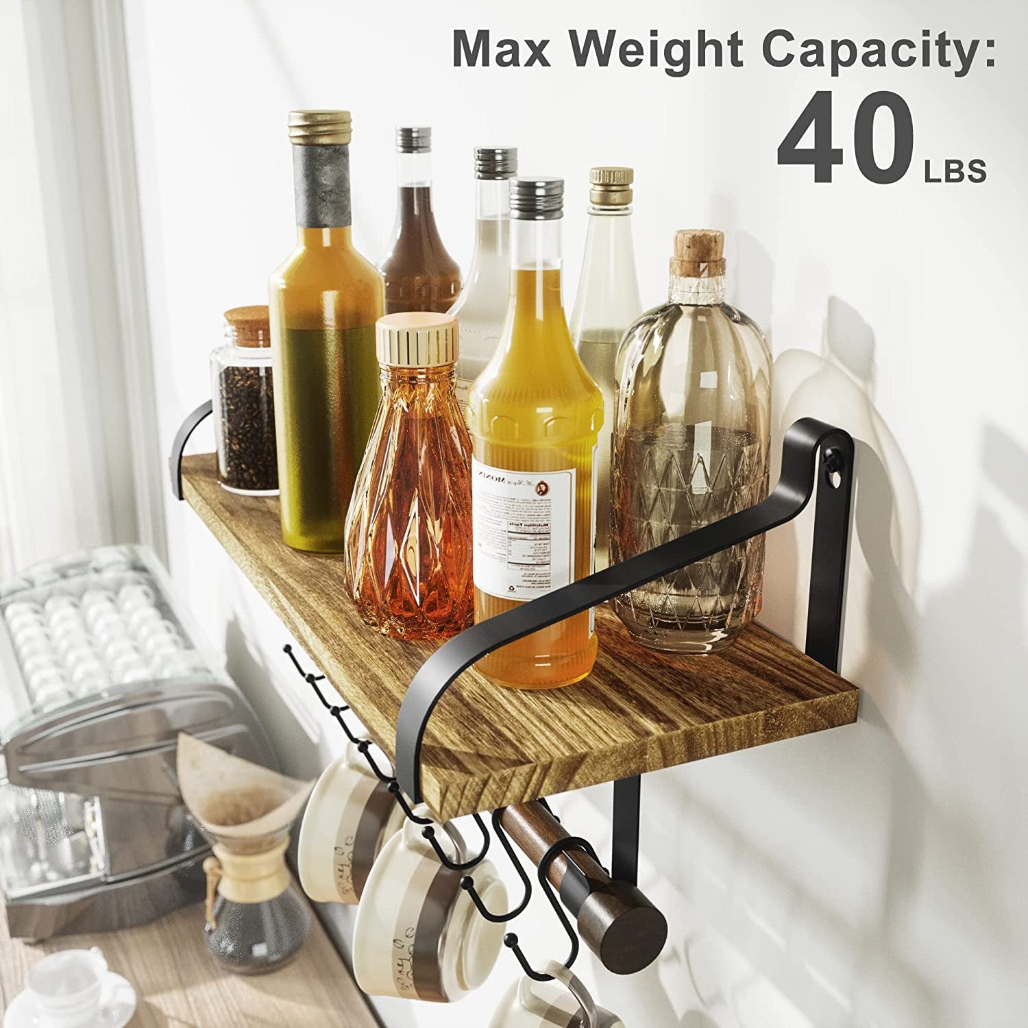 17.3"Floating Wall Shelf Solid Wood,Coffee Bar Carbonized Black