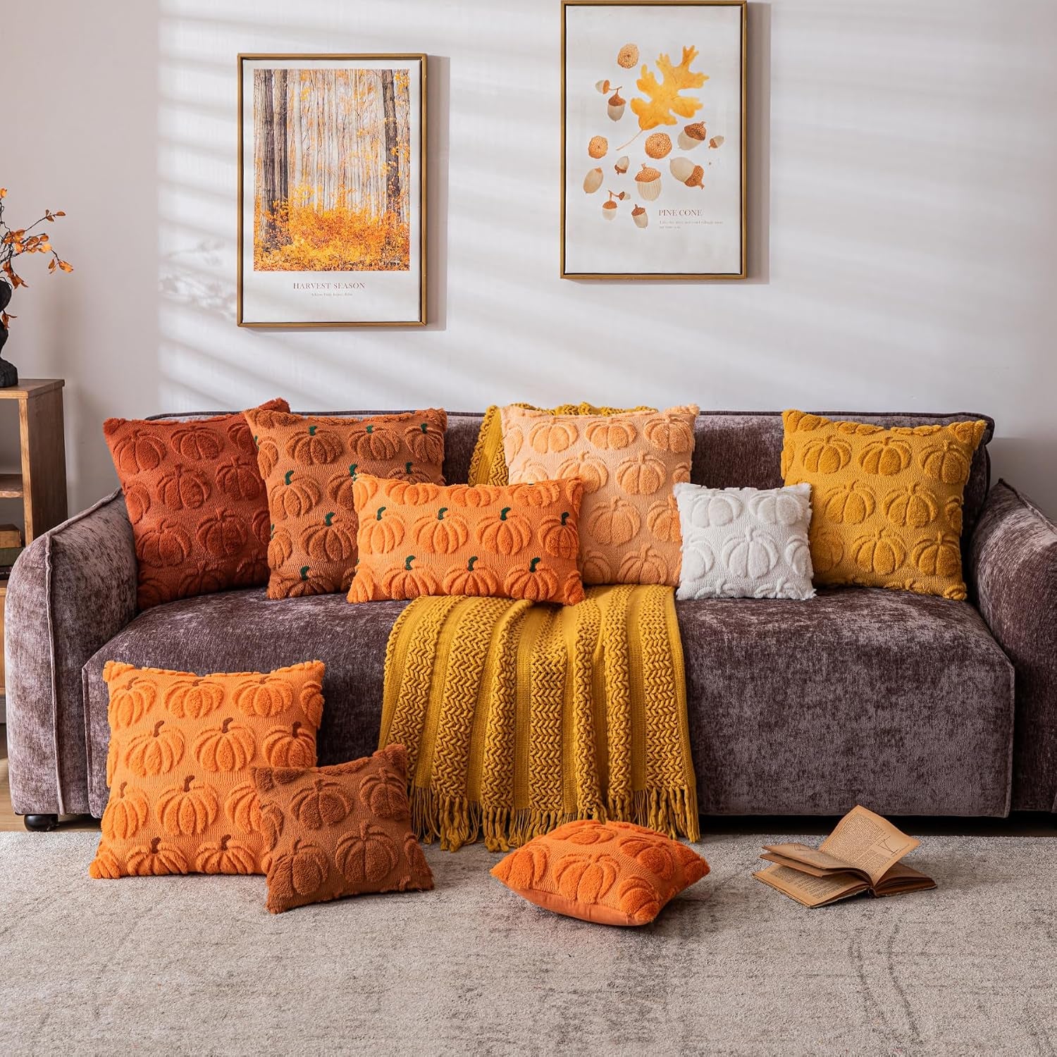Pumpkin Fall Decorative Throw Pillow Covers 18"X18", Set of 2 Rust Green Soft Faux Fur Pillow Covers for Autumn Harvest, Fluffy Plush Accent Pillow Cases for Farmhouse Halloween Decor