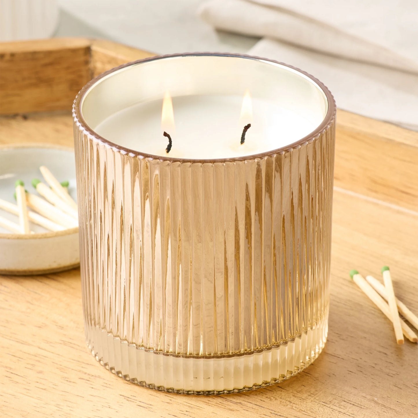 Pumpkin Snickerdoodle Swirl Scented 2-Wick Ribbed Mercury Glass Jar Candle with Wooden Lid, 12 Oz