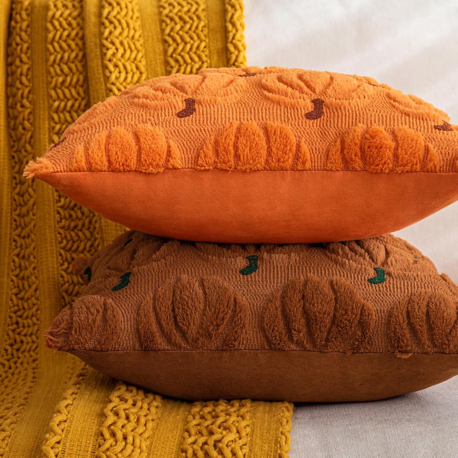 Pumpkin Fall Decorative Throw Pillow Covers 18"X18", Set of 2 Rust Green Soft Faux Fur Pillow Covers for Autumn Harvest, Fluffy Plush Accent Pillow Cases for Farmhouse Halloween Decor