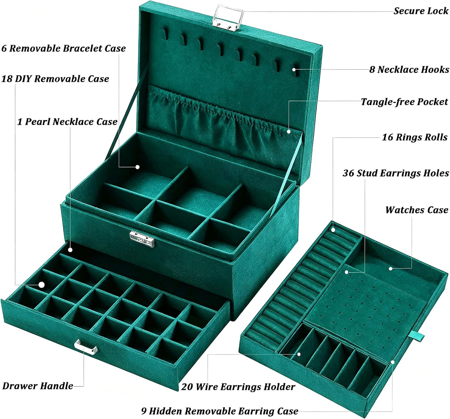 Jewelry Box for Women with Lock & Key & Drawer, 3-Layer Large Jewelry Organizer with 8 Necklace Hooks & 56 Earring Holes, Green Velvet Jewelry Storage Case for Necklace Earring Ring Bracelet