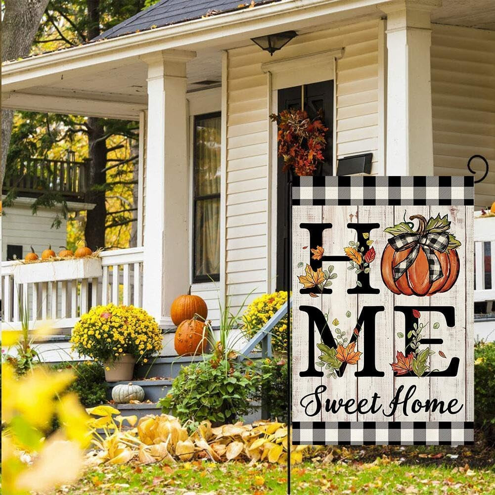 Fall Pumpkin Garden Flag 12.5X18 Inch Double Sided Fall Autumn Thanksgiving Day Home Sweet Home Small Garden Flag Burlap Flag for Yard Lawn Patio Outdoor outside Decor