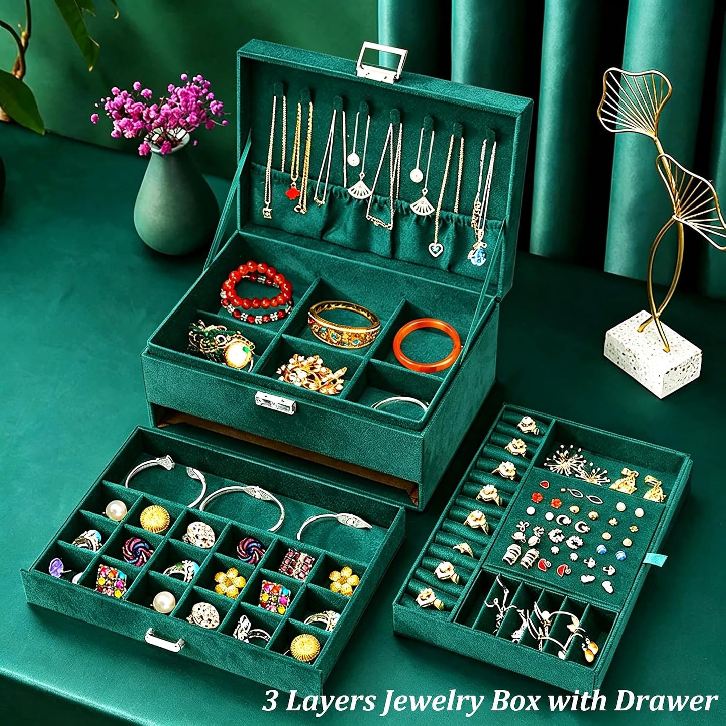 Jewelry Box for Women with Lock & Key & Drawer, 3-Layer Large Jewelry Organizer with 8 Necklace Hooks & 56 Earring Holes, Green Velvet Jewelry Storage Case for Necklace Earring Ring Bracelet