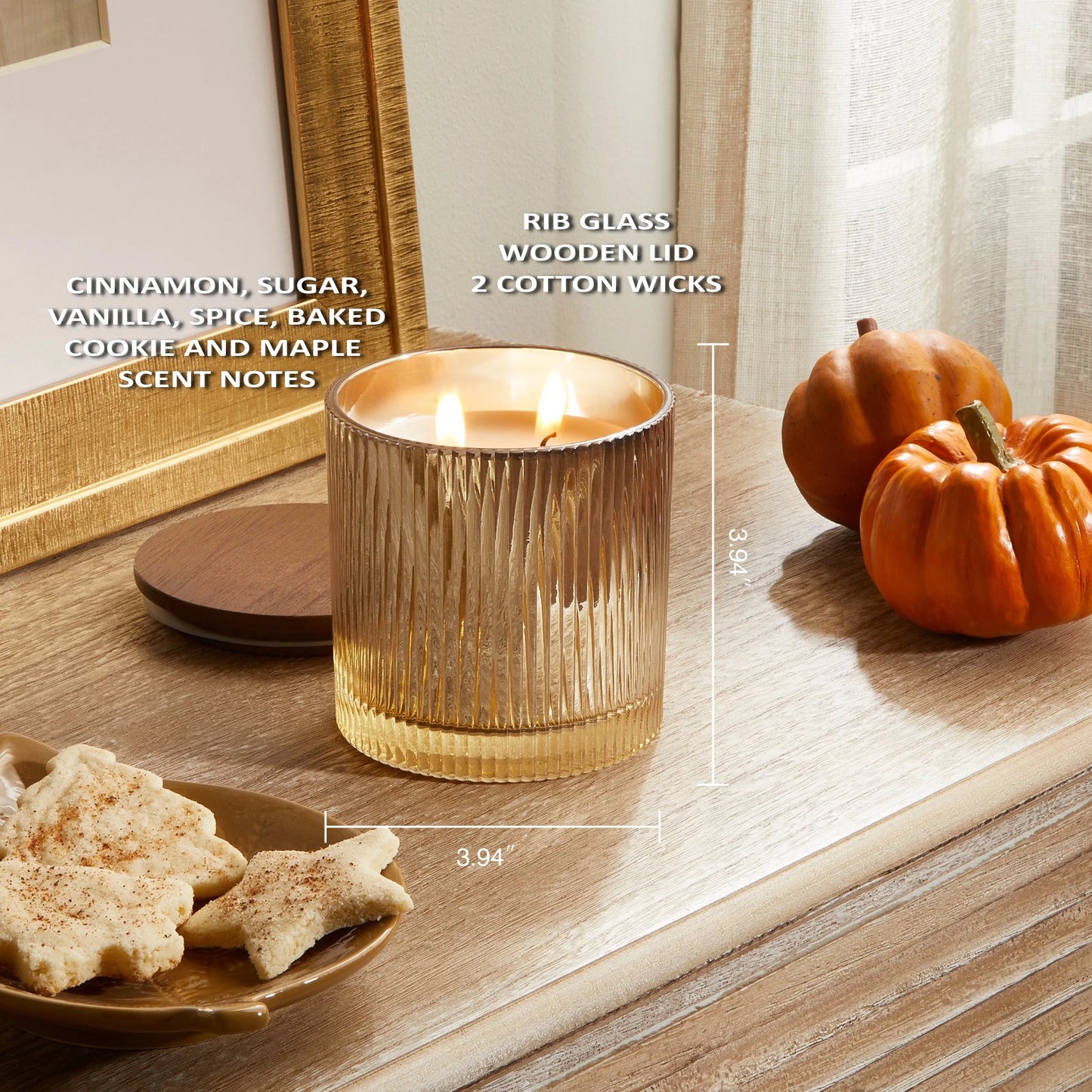 Pumpkin Snickerdoodle Swirl Scented 2-Wick Ribbed Mercury Glass Jar Candle with Wooden Lid, 12 Oz