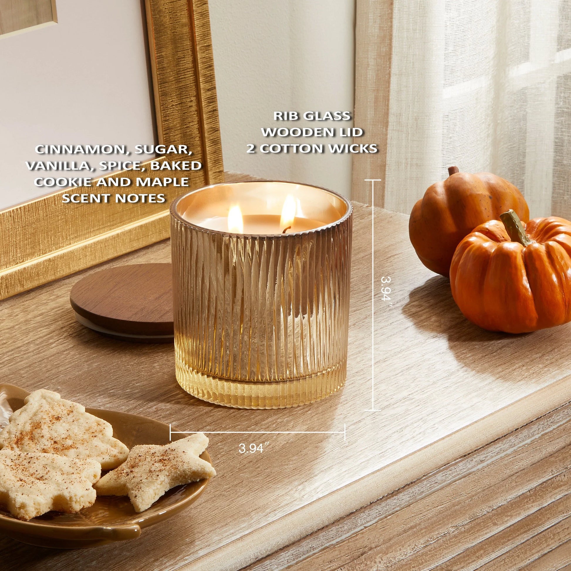 Pumpkin Snickerdoodle Swirl Scented 2-Wick Ribbed Mercury Glass Jar Candle with Wooden Lid, 12 Oz
